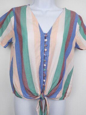 Madewell Top Womens XS Novel Tie Front Flagstaff Stripe 100% Cotton Button Shirt